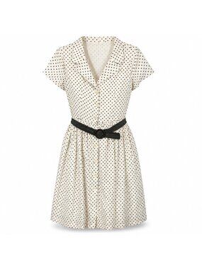 Pink Collection Dress Women XL Ivory Black Polka Dot Belted Cotton Button